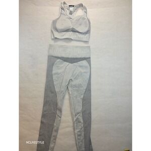 O to S Womens Seamless Activewear Set Grey White Striped Sports Bra Leggings M